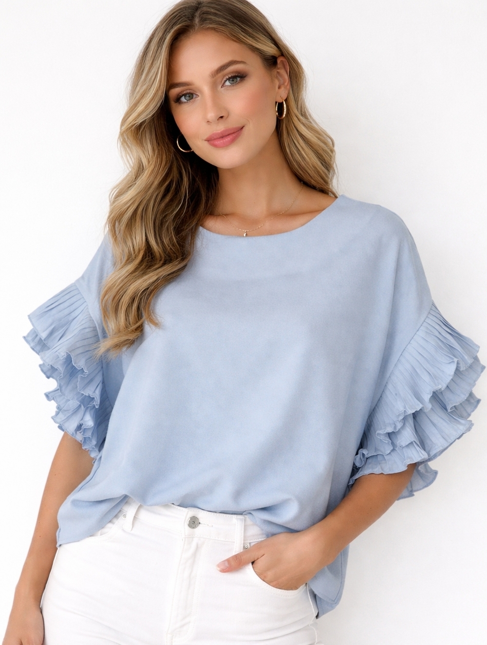 SHEIN Pastel Blue Ruffle Sleeve Blouse | Women’s Size L